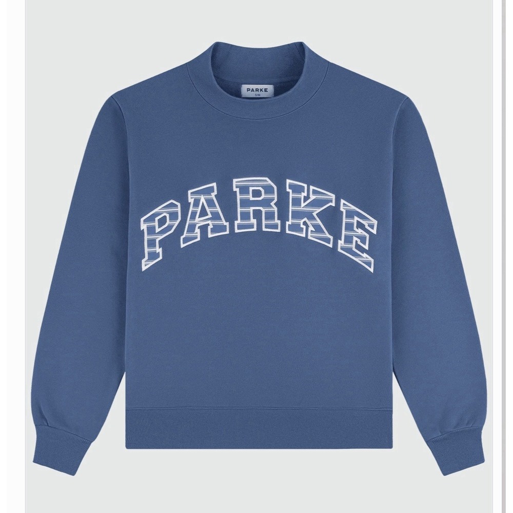 New PARKE Women's Varsity Mockneck Washed Indigo Stripe Sweatshirt Blue L/XL